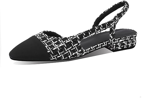 MIRAAZZURRA Damen Slingback Pumps geschlossene runde Zehe Blockabsatz zweifarbige lässige klobige Absätze Büroschuhe Schwarzer Tweed EU39