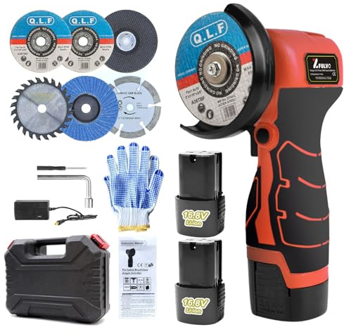 ZFULVO Cordless Brush Angle Grinder Kit, 19500rpm Mini Electric Angle Grinding Tool with 2pcs 16.8V 2000mAh Batteries and 6-Cutting Discs, Grinder Handheld Cutter for Metal Wood