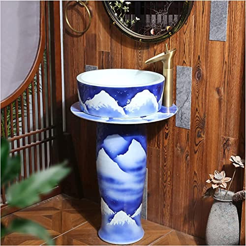 Vanity Unit with Basin,Bathroom Basin Sink with Full Pedestal, Pedestal Sink Handcrafted Ceramic wash Basin Pedestal washbasin, Kaolin Clay Pedestal Sink Round Freestanding Sink fo