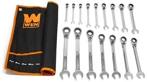 WEN 16-Piece Professional-Grade Reversible Ratcheting Metric Combination Wrench Set with Storage Pouch (WR162)
