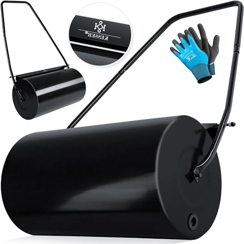 KESSER® Rouleau à Gazon 60cm 48L Volume Remplissage Métal déflecteur saleté & Gants Rouleau à Main Rouleau à Gazon Rouleau Jardin Rouleau agricole Rouleau pouvant être rempli d'eau/Sable 60 kg Noir