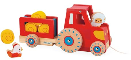 Janod - Traktor zum Ziehen - Baby- und Kleinkindspielzeug - 1 Spielzeugtraktor + 6 Zubehörteile - Geräuscharme Räder - Fördert die Motorik - Spielzeug aus FSC-Holz - Ab 12 Monaten, J03317