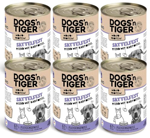 Dogs'n Tiger Sattelfest Nassfutter Hund, Pferd & Kartoffel, 6X 400g | Hundefutter nass, Monoprotein, hypoallergen, getreidefrei, ohne Zuckerzusatz, gut verträglich, Pferdefleisch