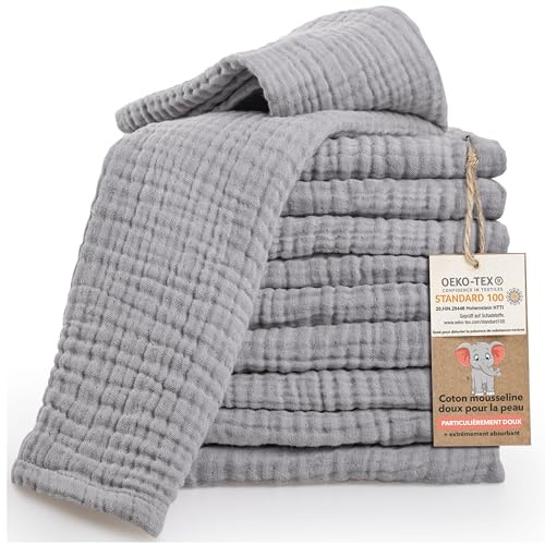 LAYNENBURG Lote de 10 paños para eructar bebé de Muselina Extra Suave - 100% algodón - 30x50cm - Oeko Tex 100 - paños de Muselina como pañales de Muselina o pañales de Tela (Gris)