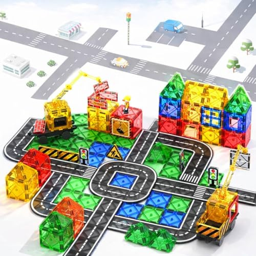 Wonder Toys 63 delar Cityscape Magnetisk Byggsats med Kran och Vägskyltar – Originala Magnetiska Byggleksaker