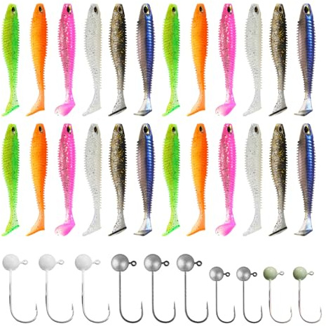 Wxgoqrcn 34 Stücke 6 Farben Gummifische Set mit 2 Größen Leuchtenden Haken | 24 Angelköder Köderfische, Sowie 10 Haken, 5 Glow in The Dark,für Viele Verschiedene Angelausflüge und Fischarten