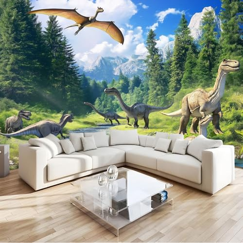 Vlies Fototapete Fotografie Wald Grasland Dinosaurier - Foto Tapete Schlafzimmer Wohnzimmer Moderne Vliestapete 350 x 256 cm Wandtapete Bildtapete 3D Effekt Wand Dekoration