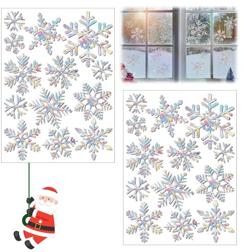 Ellxen 20 Stück Schneeflocken Halloween Fenster Suncatcher Sticker,Schneeflocken Halloween Fenster,Premium Selfklebende Prisma Sticker,und Winterszenen Dekorationen (Weihnachts Schneeflocken)