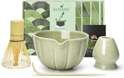 Artcome Set da tè giapponese Matcha da 4 pezzi, ciotola con beccuccio versatore, frusta per matcha, paletta da tè, porta frusta, kit fatto a mano per cerimonia del tè giapponese, verde screziato