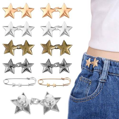 JIEYAO 10 Sets Einstellbare Stern Knöpfe, Sterne Hosenbund Enger Machen Ohne Nähen Stern Knöpfe Hosen Enger Machen Clip Jean Knopfnadeln Verstellbare Jeansknöpfe Damen Brosche Pins für Rock Kleid