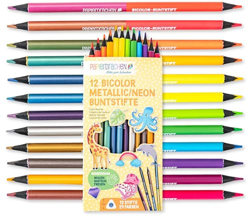 Papierdrachen 12 Bicolor Buntstifte – 24 satte Farben – Set - Holz – dreieckig – bruchsicher – Schule - Kindergarten – Malen – Kinder - metallic-neon