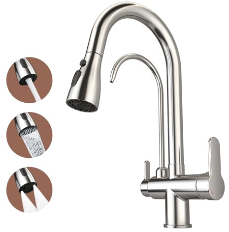 Kitchen Sink Faucet with Pull - Down Sprayer, 2 - Handle 3 - in - 1 Kitchen Sink Filter Faucet, Cold and Hot Mixer Drinking Water Faucet (3-in-1 Filter Faucet, Chrome)