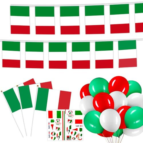 Bandiera italiana - 10 metri di bandiera italiana + 10 piccole bandiere a mano italiane + 30 palloncini italiani + 2 adesivi italiani per la decorazione della festa patriottica di compleanno