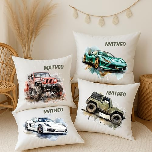 wolga-kreativ personalisiertes Kissen mit Namen – Auto Motive für Jungen – Rennwagen, Geländewagen & Monstertruck – Geschenk zur Geburt, Taufe & Geburtstag –Flauschiges Namenskissen