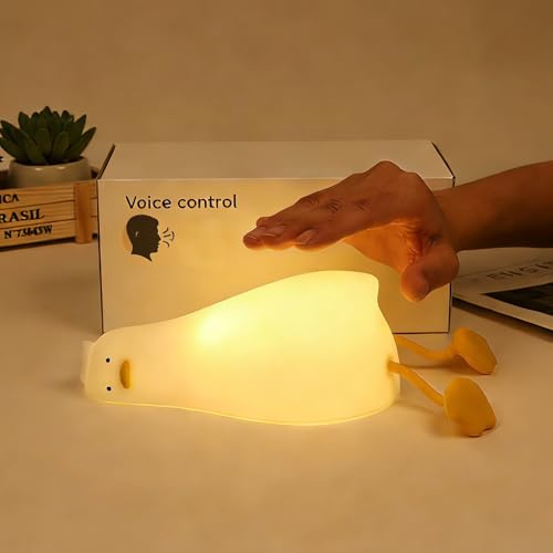 URAQT Liggande anka barn nattlampa med röstkontroll, bärbar LED baby nattlampa, barn anklampa, USB-laddningsbar baby sovlampa för pojkar och flickor gåva söt rum dekor sovrum dekor