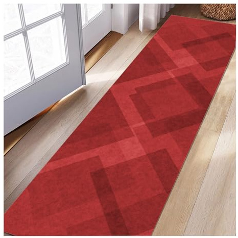 Siunwdiy Tappeto Corridoio Lungo 1.5 Metri Rosso Antiscivolo, Tappeto Passatoia Cucina Lavabile in Lavatrice, Design Moderno a Motivi Geometrici, Perfetto per Salotto Ingresso e Scale,60x150 cm
