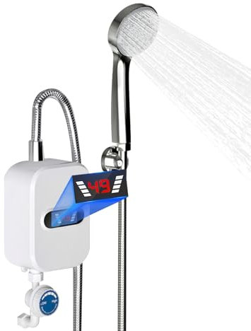 Elektrisch Durchlauferhitzer mit Edelstahl-Schlauch und Handbrause, 3500 W, 220V, IPX4 Wasserdichtigkeit, Tragbar, Digitalanzeige, für Wasser in der Küche, Warmes Wasser zum Baden