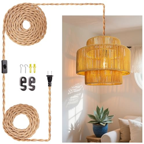 LUCORUSC Hanging Light Ceiling Lamp Pendant Lights Rattan Hanging Lamp with Plug in Cord for Living Room Bedroom Kitchen Indoor Hanging Lamp Plug in Woven Lampshade