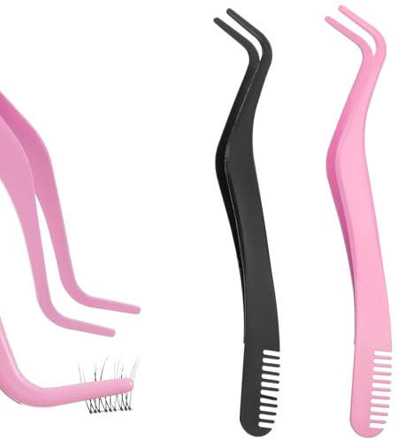 Lash Applicator Tool, 2 Pcs Eyelash Tweezers with Comb for Cluster Lashes, Curved Stainless Steel Eyelash Applicator Tool for Lashes Precision Placement and Application (2 Colors)