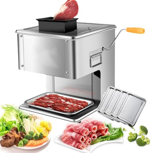 Cortador eléctrico de carne con manivela, patas antideslizantes y hoja desmontable para carne y verduras congeladas, grosor de corte ajustable