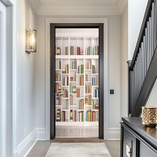 Tizhweqo Türtapete Selbstklebend 90x210 Bücherregal Türfolie Türposter Bücherregal Fototapete Türklebefolie Wandbild Türaufkleber Wandtapete 3D Effekt für Wohnzimmer Schlafzimmer Küche c4435