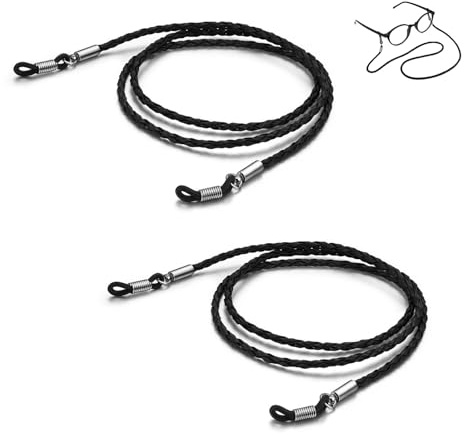 Nevoluxer 2 Stück Brillenbänder aus Hochwertigem PU-Leder, Brillenkette für Sonnenbrillen & Lesebrillen, 70cm Länge, Wasserfest und Langlebig, Elegante Unisex-Ausführung in Schwarz
