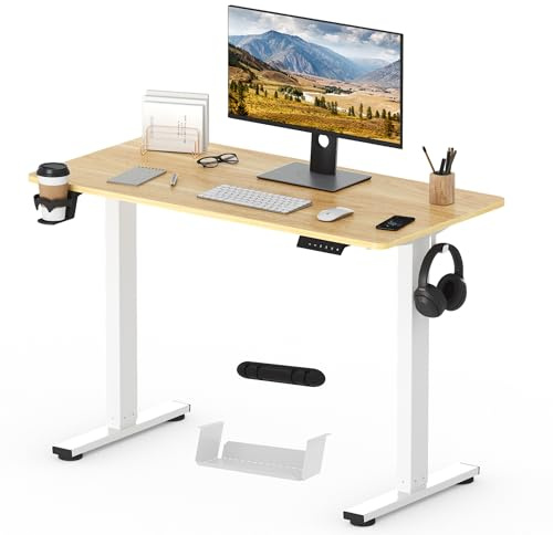 SANODESK Scrivania Regolabile in Altezza con Piano Completo – Inclusi 4 Accessori: Portabicchieri, Gancio, Contenitore e Gestione Cavi, con Funzione di Memoria, per Ufficio e Tempo Libero