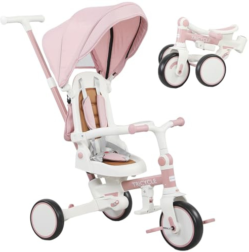 AIYAPLAY Triciclo per Bambini 5 in 1 con Maniglione, Copertura Superiore Rimovibile, Cintura a 5 Punti e Barra di Sicurezza, Triciclo Bambini in Alluminio e PP, 96.5x49x101 cm, Rosa
