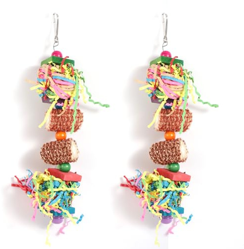 Penitue 2pcs Bird Toys, Natural Parrot Toys for Parakeets Cockatoos Budgie Macaw Conure Corn Cob Shredding Paper Tearing & Foraging Toy Chewing Hanging Toy Cage Accessories for Small & Medium Birds