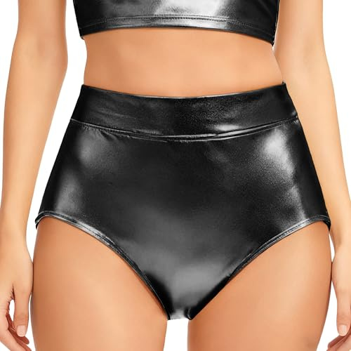 Wildarms Pantaloncini da donna metallici a vita alta, con lucido a specchio ed elasticità per danza e festival, Nero , L