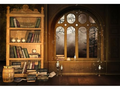 YongFoto 3x2,5m Foto Hintergrund Bücherregal Bibliothek Europäisch Stil Bücher Kerzen Bogen Fenster Mond Nacht Innere Fotografie Hintergrund Fotoshooting Porträtit Party Kinder Hochzeit Fotostudio