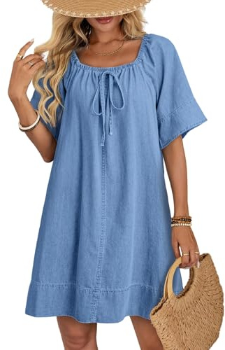 Dokotoo Women's Summer Denim Mini Dress Flare Short Sleeve Scoop Neck Casual Flowy Swing Jean Dresses Fashion Tie Front Cotton A-Line Dresses Sky Blue Medium