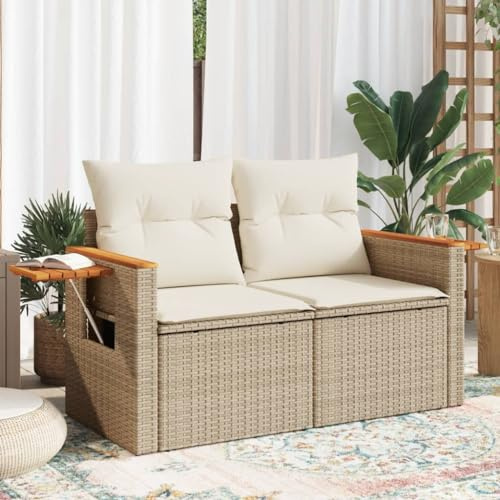 QJBSAVVA Gartensofa 2-Sitzer Beige Poly Rattan Outdoor Sofa mit abnehmbaren Kissen & klappbarem Akazienholz-Beistelltisch 124 x 62 x 69 cm Modernes Lounge Möbel für Balkon Terrasse Garten