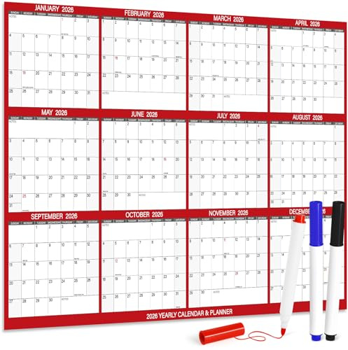 24 x 36 2026 Yearly Large Wall Calendar - with 3 Pack Fineliner Color Pens,12 Months Annual Yearly Planner Calendar 2026, Erasable Wet & Dry, Reusable 2-Sided Horizontal