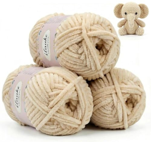 Ilauke 3 Ovillos de 100 g de Hilo de Chenilla de Terciopelo Beige para Ganchillo, Lana Gruesa de Bebé para Tejer, Lana Mullida para Peluches y Mantas