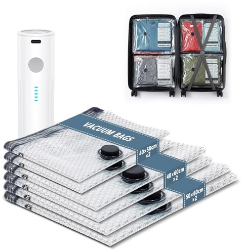 Ankilo Vacuum Storage Bags with Pump, 6 Pack(2 Large + 2 Medium + 2 Small) | Vacuum Seal Bags for Travel, Carry on Packing Bags for Luggage, Backpack and Suitcase, for Clothes Storage