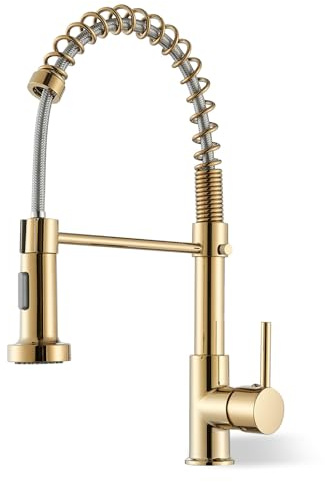 JUNSOTOOR Grifo de cocina dorado, grifo de alta presión con ducha extensible en oro cepillado, grifo mezclador de acero inoxidable 304, 2 funciones de pulverización y giratorio 360°