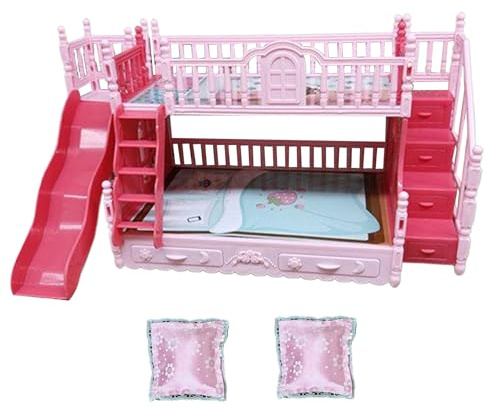 Grtheenumb Puppenbett, Puppen-Etagenbett, 1 Set mit Leiter und Zwei kleinen Kissen, niedliches DIY-Hauszubehör und Möbel, künstliches Etagenbett aus Kunststoff, Mini-Möbel für Kinder