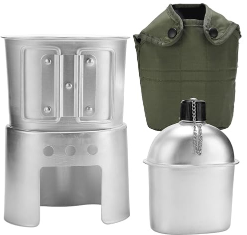 Vistnale Feldflaschen-Set, 850 ml Aluminium-Metall-Feldflasche mit Becher und Herd, komplettes Armee-Feldflaschen-Set für Camping, Wandern und Outdoor-Abenteuer | Flaschen