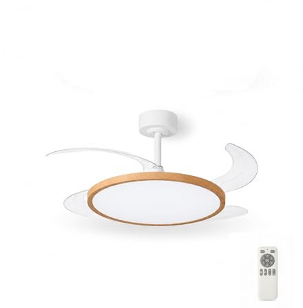 Masterled - Ventilador de Techo LED Madera con Aspas Retráctiles 36W Ultrafino, Motor DC Silencioso 26dB, 3CCT: 3000-4000-6000K, 6 Velocidades, Función verano e invierno, Mando a distancia