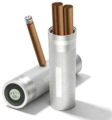 Humidor de puros de aluminio, estuche de viaje para puros, soporte portátil para 3 a 4 tubos de puros, higrómetro de puros para amantes, gran regalo para amantes, salidas o viajes cortos