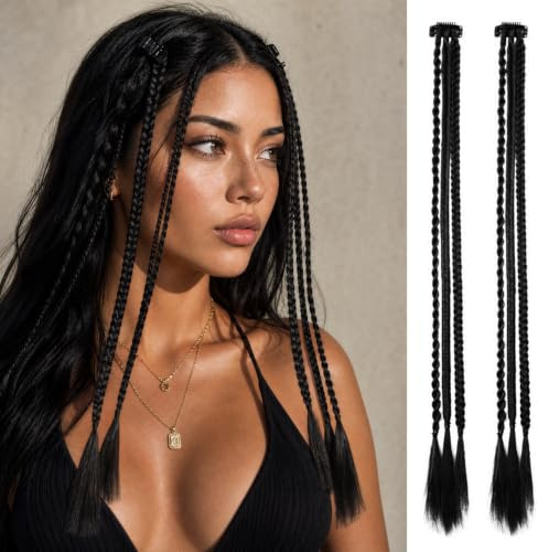 Extensiones de Dreadlocks con Clip 50 cm - Extensiones de Trenzas con Cuentas para Mujer, Rastas Sintéticas Boho para Cosplay, Coletas y Uso Diario, Negro Natural