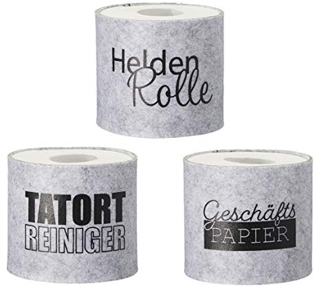 Bada Bing 3er Set Filz Toilettenpapier Banderole mit lustigen Sprüchen in HELLGRAU - Klorollenverstecker originelles Geschenk - Hülle als Aufbewahrung für Klopapier - Klorollenhalter Deko Badezimmer