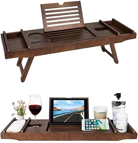 Unibos Bath Caddy with candle, wine glass, book, tablet, ipad & phone holder. Extendable/adjustable bridge, Natural wood over bathtub tray100% bamboo (Brown with Foldable Legs)