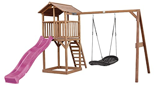 AXI Beach Tower Spielturm aus Holz in Braun | Spielhaus für Kinder mit lila Rutsche, Nestschaukel und Sandkasten | Stelzenhaus für den Garten