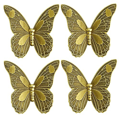 Powerful 4 Pcs Butterfly Drawer Knobs, Vintage Cabinet Knobs Drawer Handles with Screw, for Dresser, Cabinet, Wardrobe, Cupboard, Bathroom, Office (Butterfly - B Style，3.2×3.2)