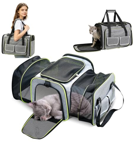 PETCUTE Transporttasche Katze,Faltbar Erweiterbare Transportbox Hund mit Weiches Fleece-Bett,Öffnung an 2 Seiten,Atmungsaktiv Katzentragetasche mit Seitentaschen,Airline Genehmigt,Hellgrau,M