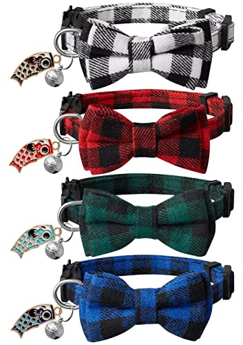 LLHK 4 Pack Small Fish Cat Collars with Bow Tie and Bell,Personalized Breakaway Kitten Collar for Girl boy Cats,Adjustable 7-12inch,Cute for Kitty Kitten Adult Cats,Pet Supplies,Stuff,Accessories