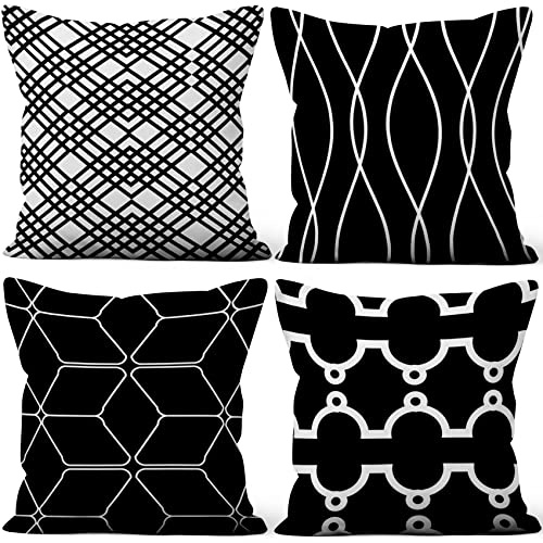 Aoihrraan 40x40cm Set di 4 Federe Cuscini Nero Bianco Moderno Geometrico Modello Morbido Peluche Corto Quadrato Copricuscini Divano Casa Decorazioni Per Letto Agriturismo All'Aperto Giardino Divano