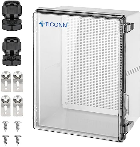 TICONN Outdoor Electrical Box Waterproof, Junction Box IP67 ABS Plastic Enclosure with Hinged Cover with Mounting Plate, Wall Brackets, Cable Glands (Clear, 19.7x15.7x7.9)